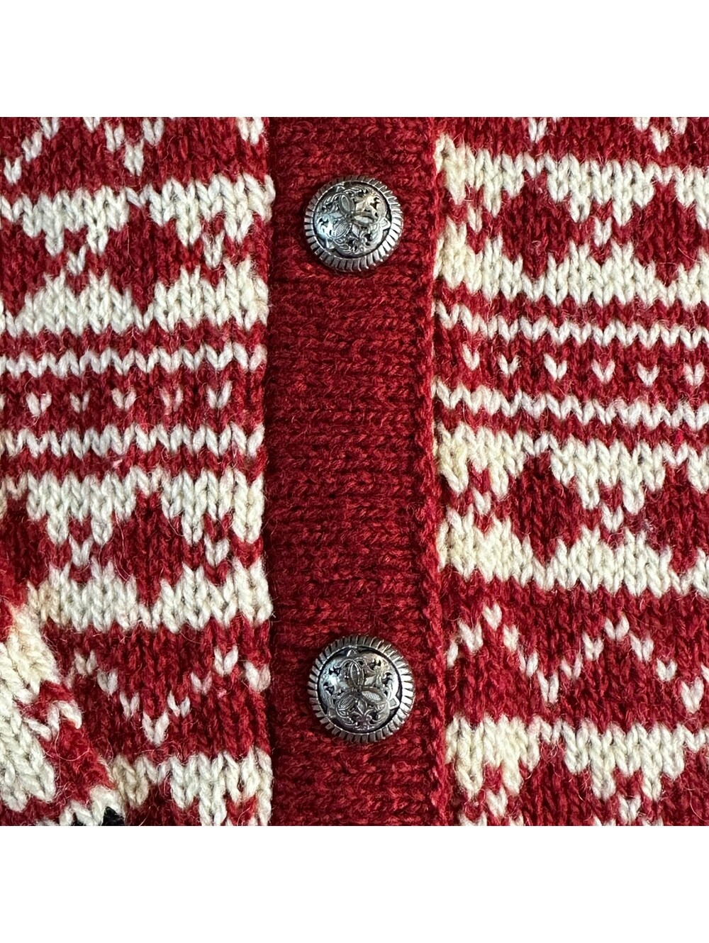 Vintage L.L. Bean Red Nordic Fair Isle Pewter Button Wool Cardigan Sweater Sz L - Picture 3 of 15